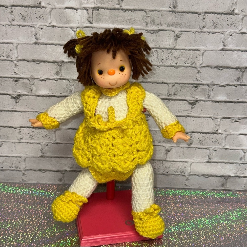 Vintage Hand Crochet Doll with Knitted Yellow Dress 11in Tall Yellow White
